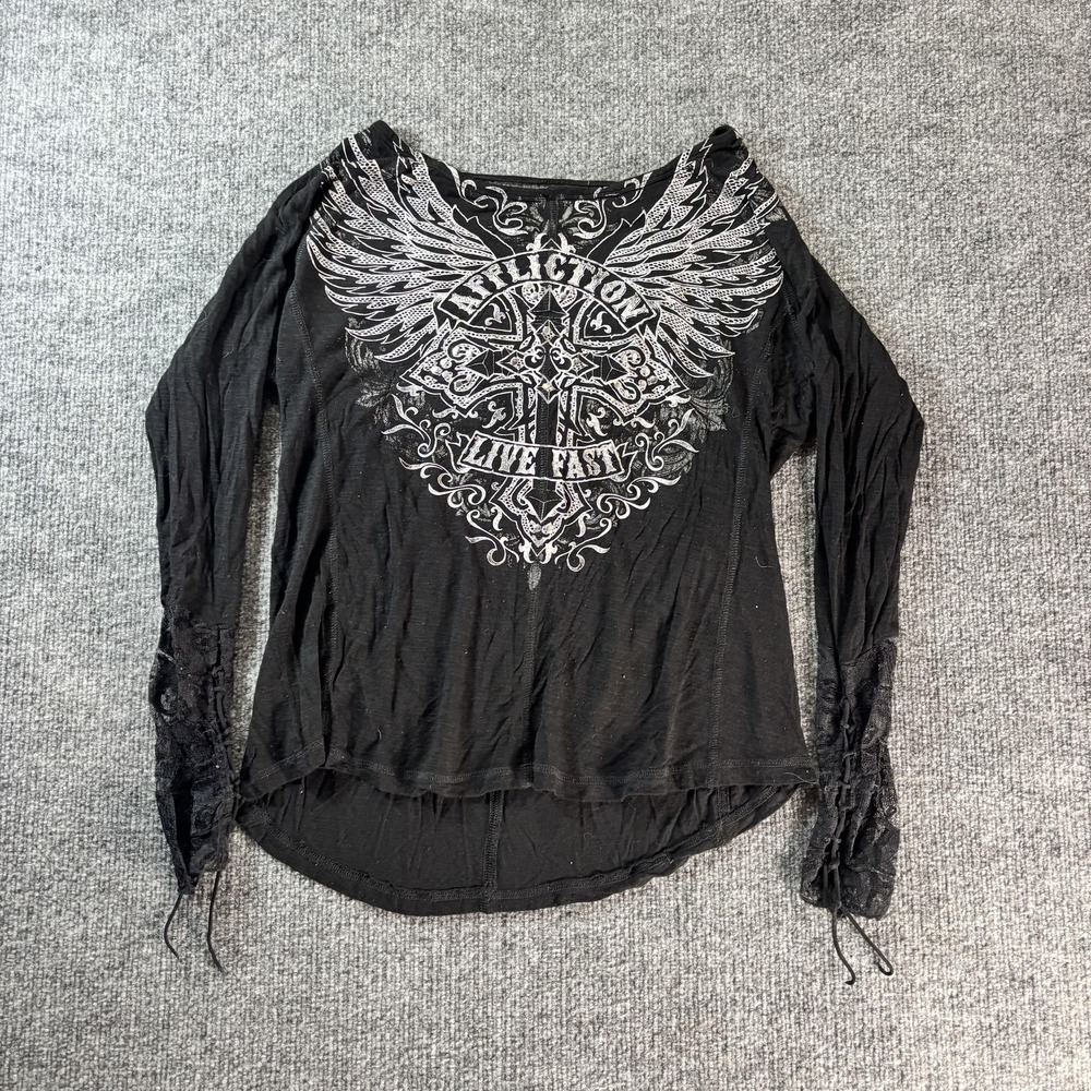 Affliction Tunic Shirt Womens Large Black Live Fast Graphic Lace Sleeve Top